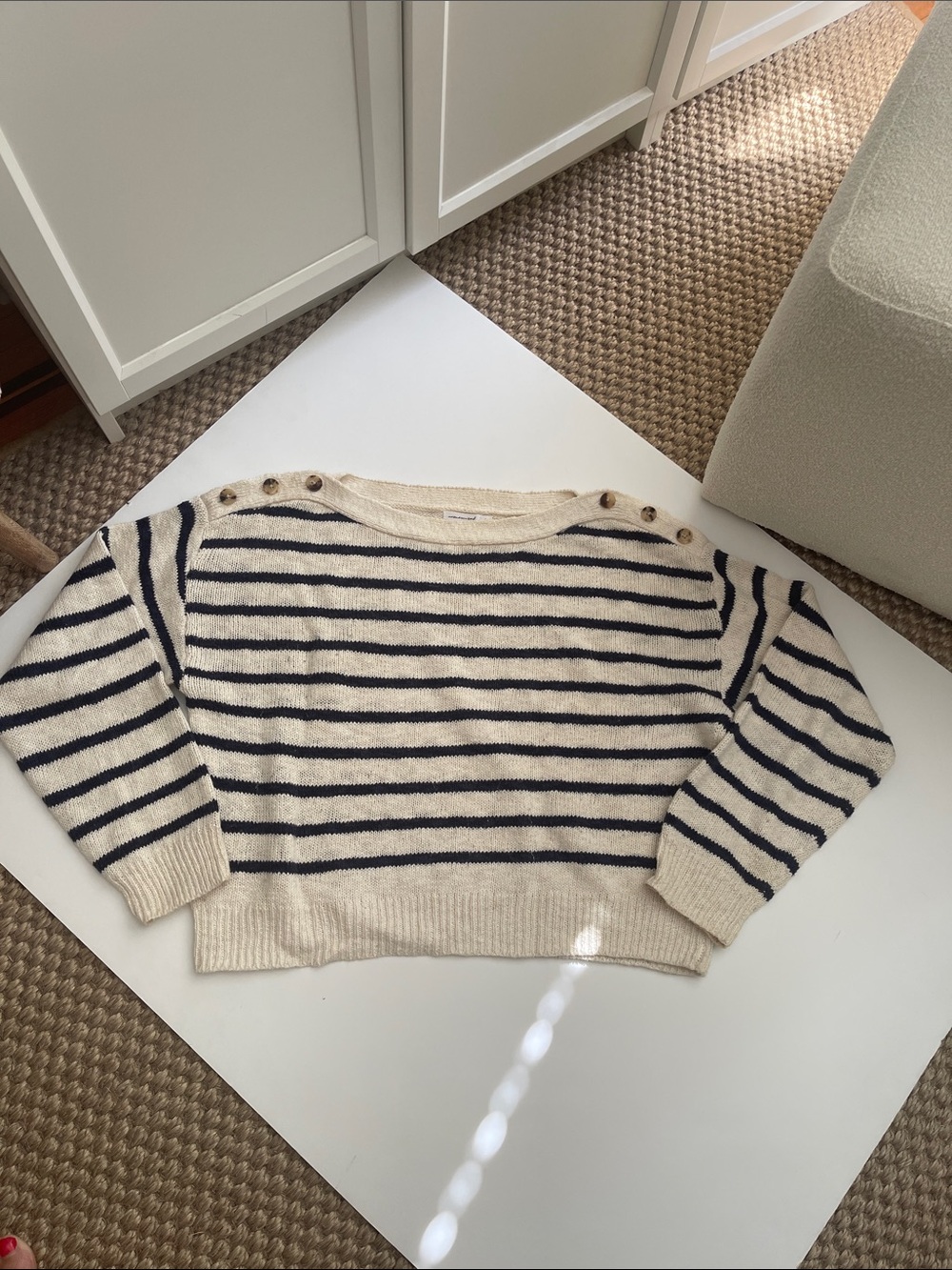 Striped Crewneck Button-Shoulder Sweater in Cream and Navy